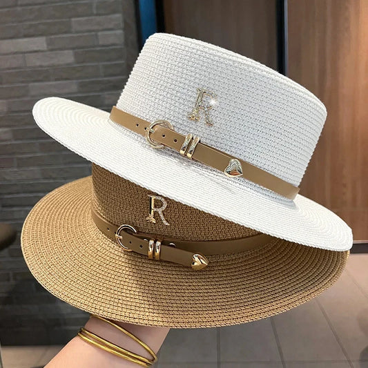 Summer Sun Hat Flat Top Straw Hats for Women New Metal R Letter Fashionable Beach Sun Hat Females Travel Holidays Boater Hat