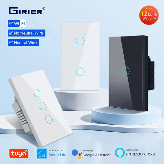 GIRIER Smart Wifi Touch Switch No Neutral Wire Required Smart Home 1/2/3 Gang Light Switch 100-240V Works with Alexa Hey Google