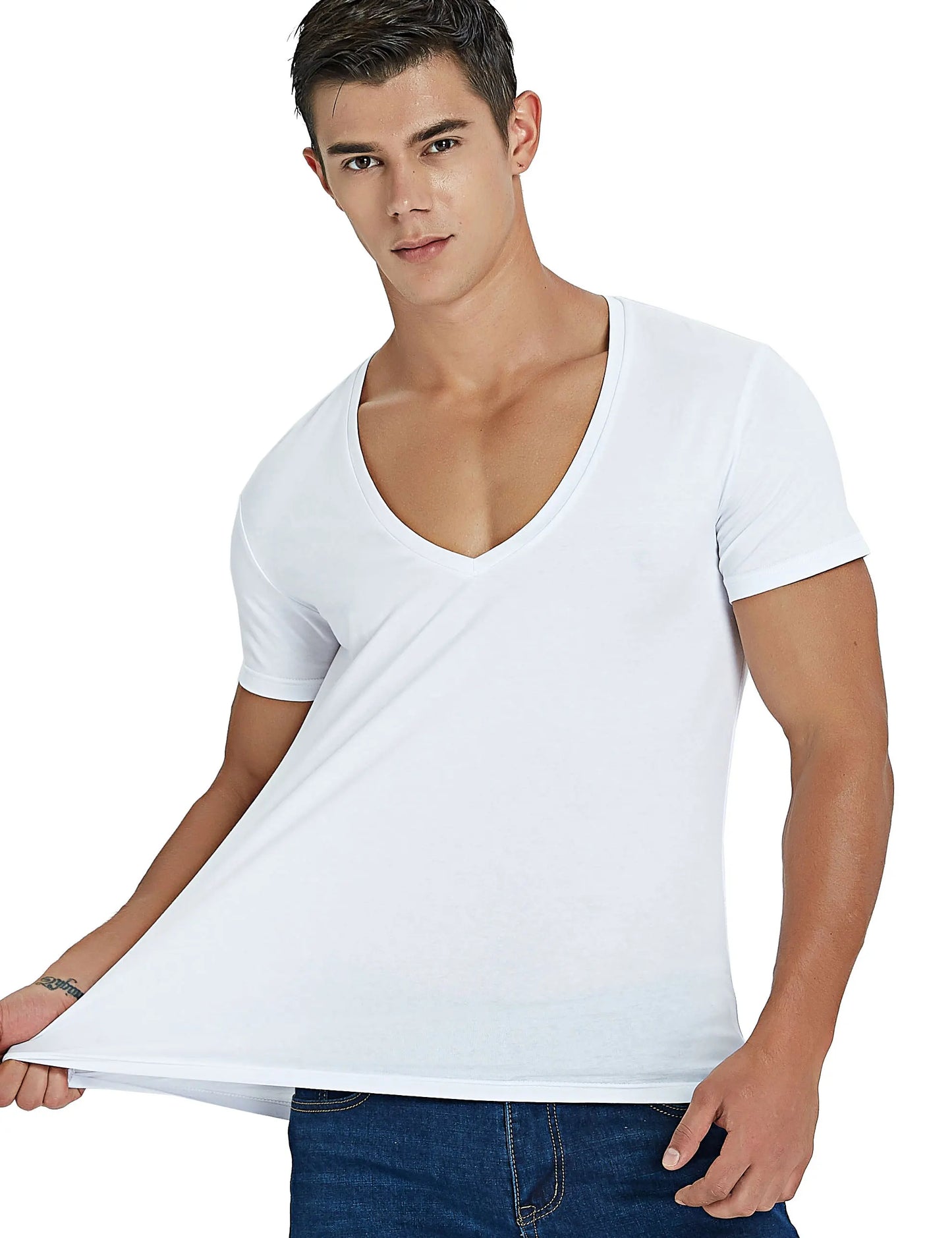 Stretch Deep V Neck T Shirt for Men Low Cut Vneck Vee Top Tees Slim Fit Short Sleeve Fashion Male Tshirt Invisible Undershirt