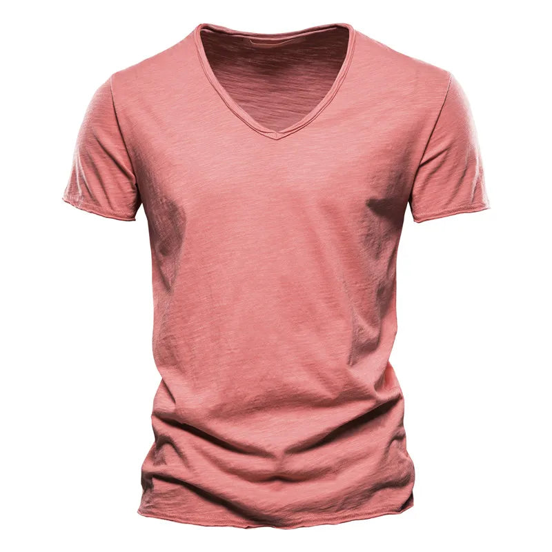 Summer 100% Cotton Men T-shirt V-Neck Short Sleeve Soild Slim Fit T-shirts Male Tops Tees Homme Quality TShirt For Men 5XL