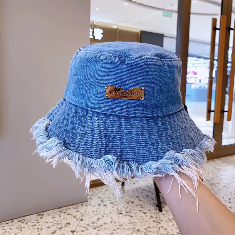Summer Unisex Tassel Washed Denim Bucket Hats Fashion for Women Wide Brim Foldable Panama Cap Outdoor Beach Fisherman's Hat
