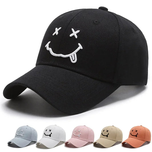 Women's Smile Face Embroidery Baseball Caps Kpop Black Cotton Adjustable Snapback Funny Hip Hop Cap Autumn Sun Dad Hats for Mens