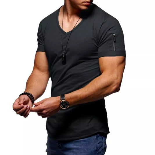 New Summer Men's V Neck T Shirt Fitness Bodybuilding Tshirt High Street Short Sleeved Zipper Casual Cotton Top Plus Size S-5XL