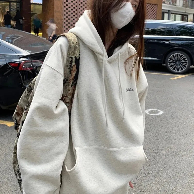 Korean Fashion Y2k Fleece-Lined Hoodie Women Loose Streetwear 2023 Winter Oversized Hoodies Women Harajuku Thick Warm Sweatshirt