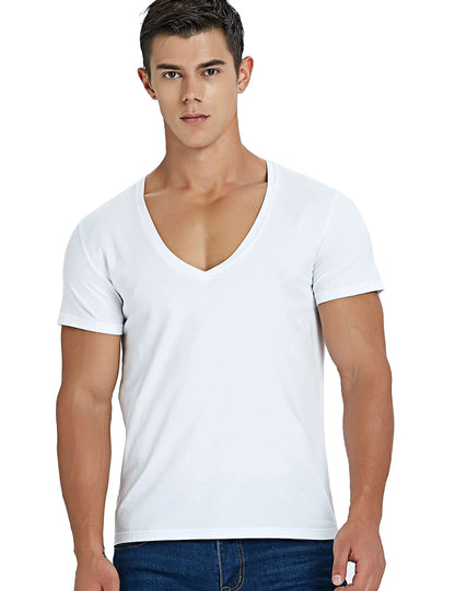 Stretch Deep V Neck T Shirt for Men Low Cut Vneck Vee Top Tees Slim Fit Short Sleeve Fashion Male Tshirt Invisible Undershirt