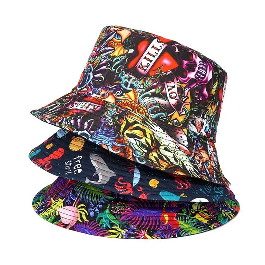 Summer Sun Protection Bucket Hat for Men Women Panama Cap Print Hip Hop Gorros Fishing Fisherman Hat Double Side Wear Fashion