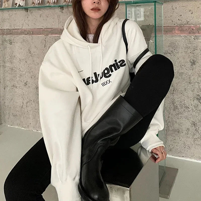 Korean Fashion Letter Print Hoodie Women Winter Fleece Lined Loose Hooded Shirt Grunge Sweatshirt Y2k Clothes Oversized Pullover