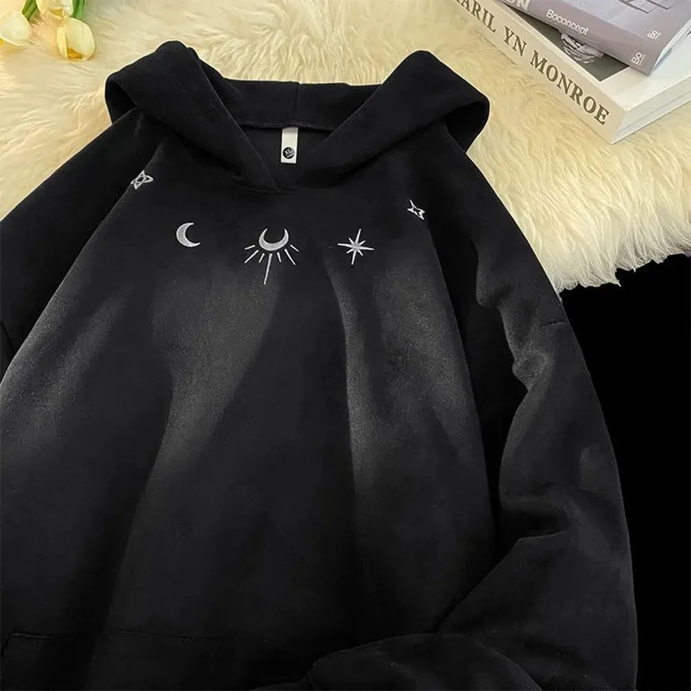 Retro Moon God Embroidery Sweatshirts For Women Drawstring Hooded Harajuku Autumn Winter Loose Trend Gray Suede Hoodies Tops